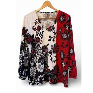 Chico's White/Black/Red Floral Pattern Cotton Blend V-Neck Size 2 (12/L) Blouse